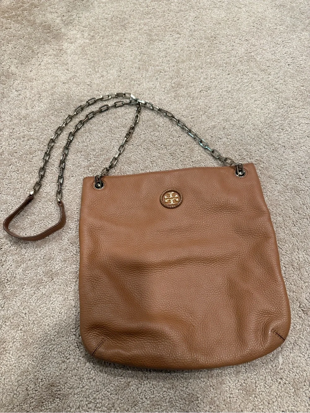 Tory Burch Cognac Pebbled Leather Chain-Shoulder Bag